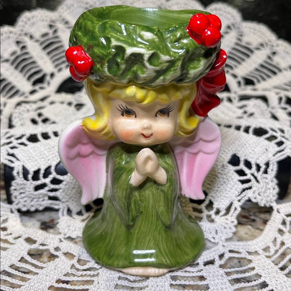 Vintage Lefton Japan Praying Angel Figurine Holly Hat 4” Christmas Kitsch